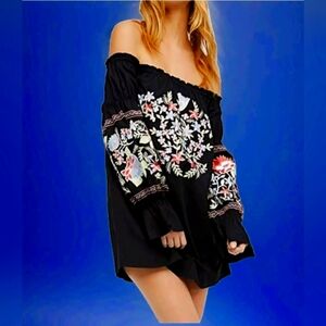Free People Size M Black Fleur Du Jour Floral Embroidered Cotton Mini Dress Nice